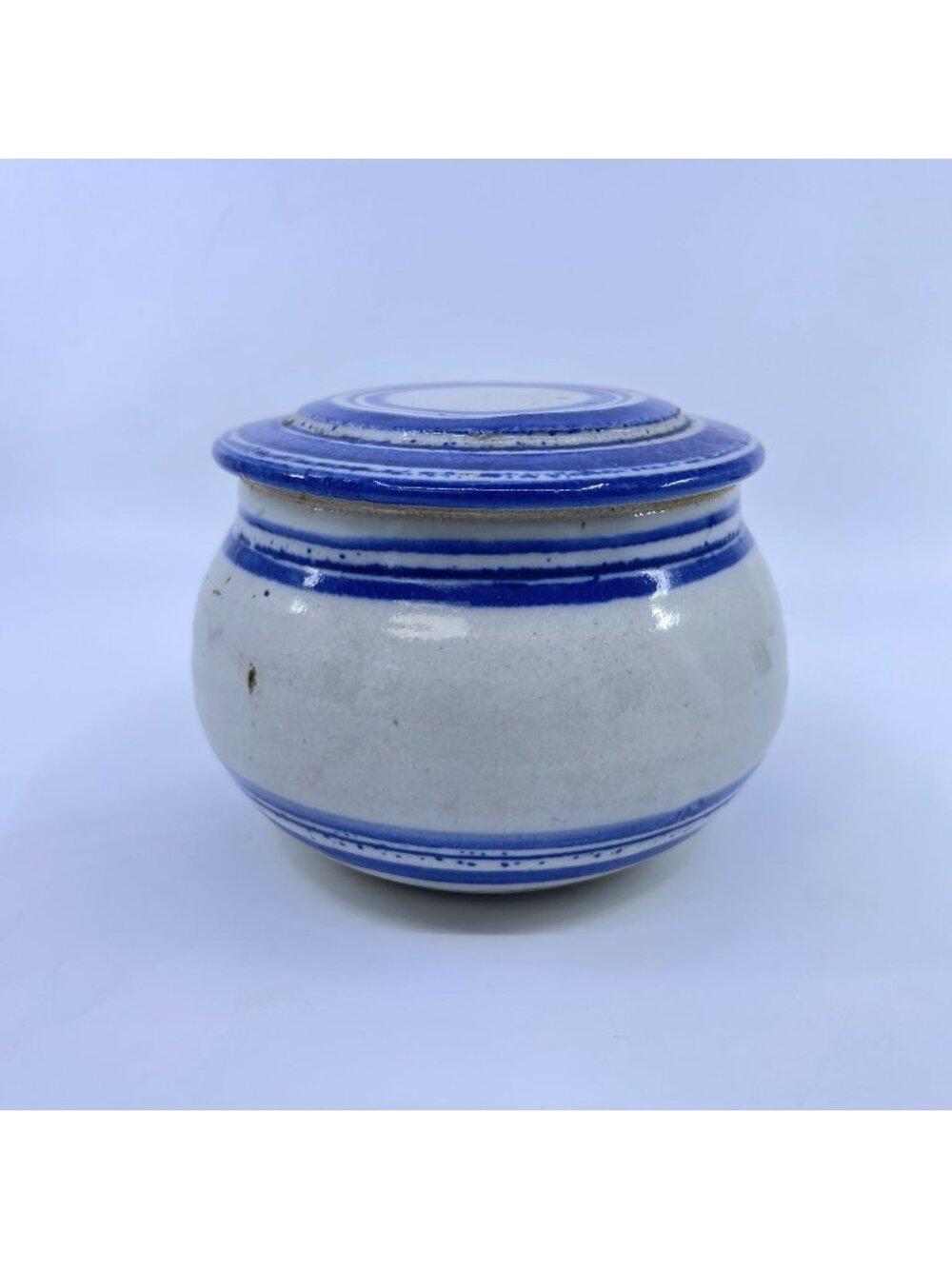 vintage studio pottery stoneware butter crock bell with blue concentric circles